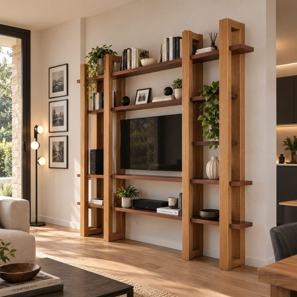 Mobile TV-Libreria in Legno Massello Design Italiano - 4 Ripiani Modulari-a