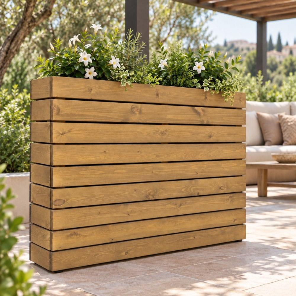 Fioriera in pino nordico 120X30X120 cm bianca su terrazza (1)